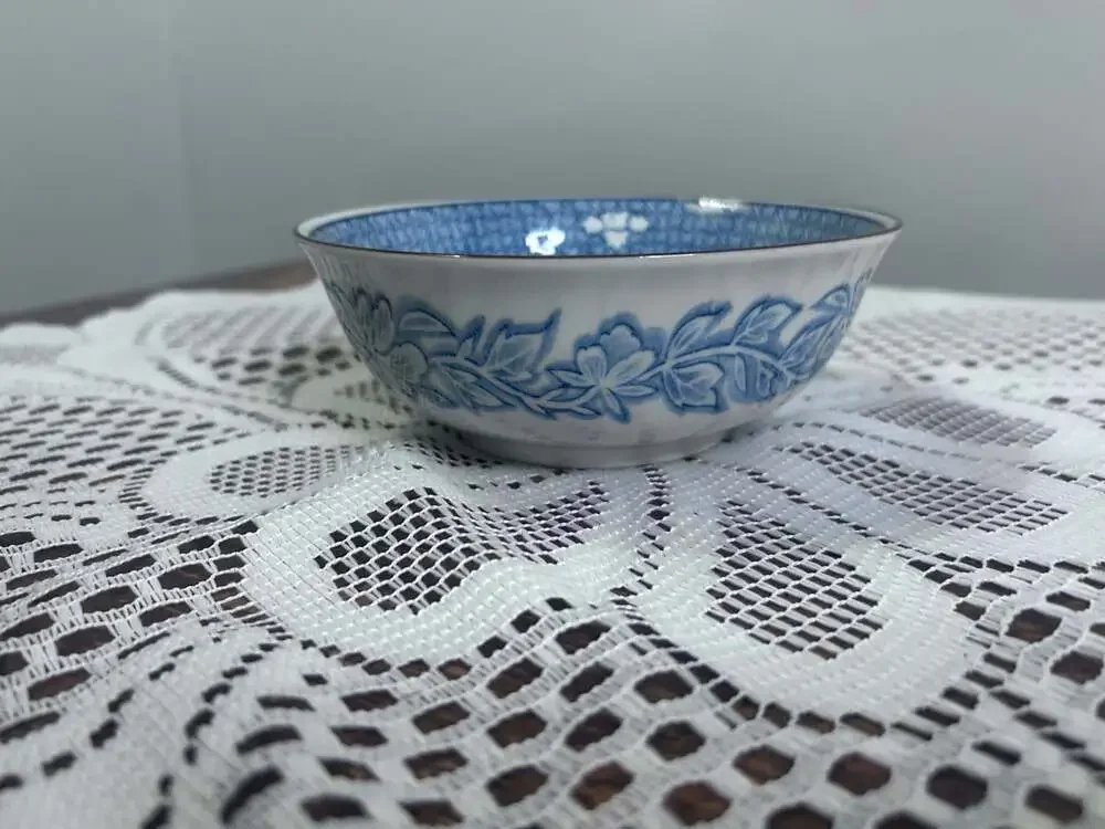 Andrea by Sadek Japanese Porcelain Blue&White Floral Bowl Geometric Rim